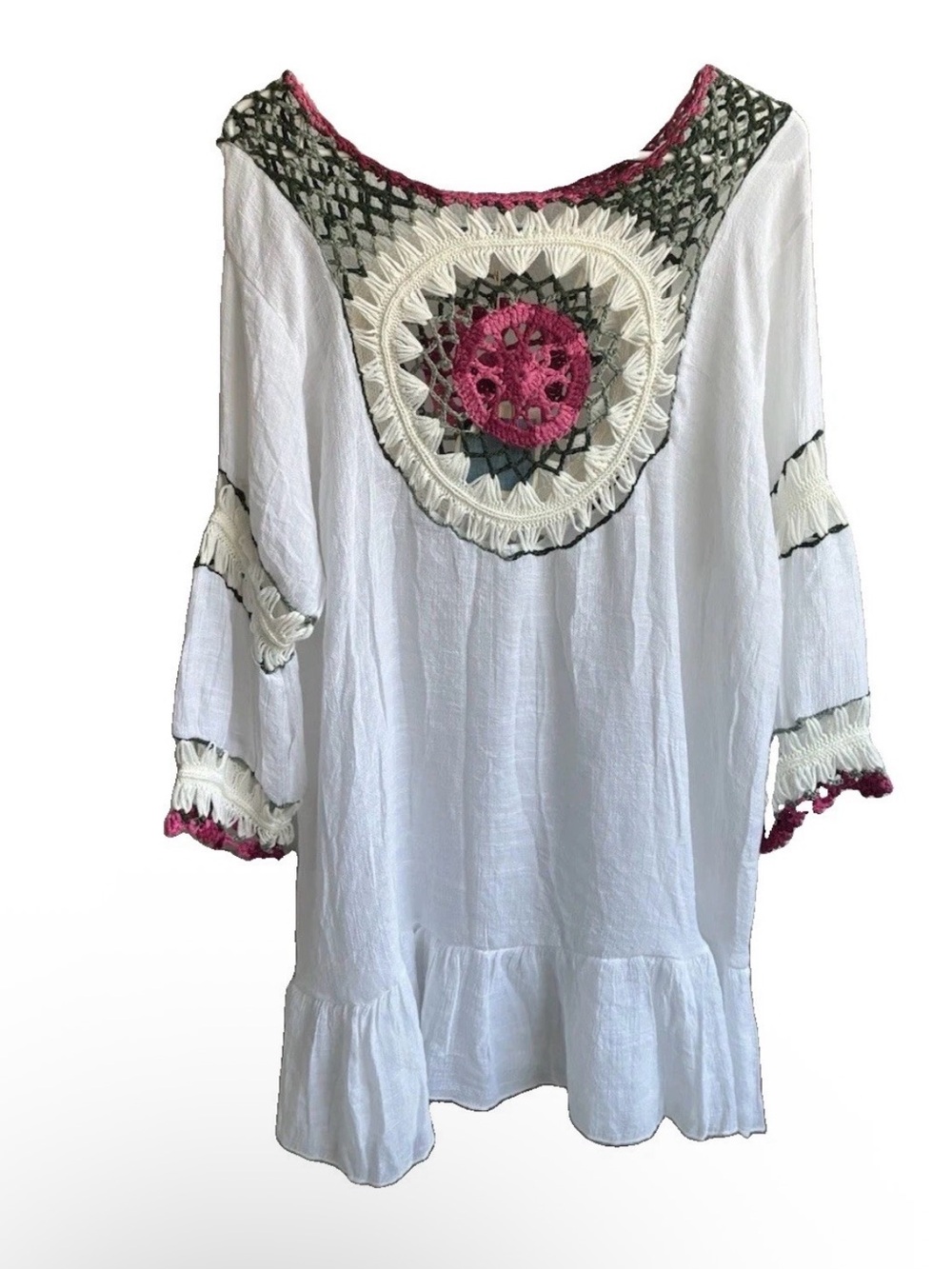 Blue Island White Crochet Accent Boho Peasant Top with Pink Detail XL NWT